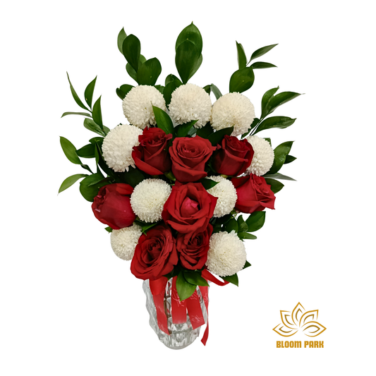 Classic Red Rose & White Pingpong Vase Arrangement