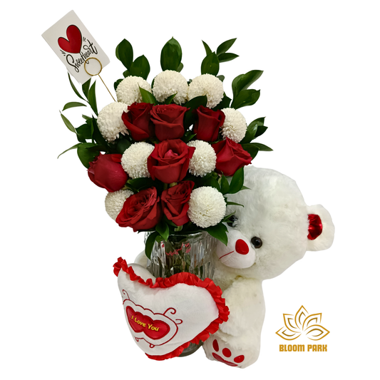 Sweetheart Roses & Teddy Vase Arrangement