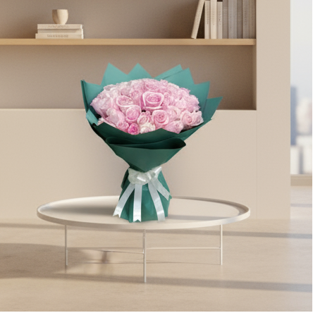 Bouquet of pink roses wrapped in green paper, flower delivery downtown Dubai