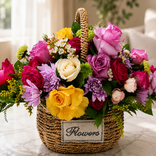 A woven wicker basket filled with a colorful bouquet of flowers, including pink roses, yellow roses, purple chrysanthemums, and white daisies, with a label reading 'Flowers' on the front, set on a light marble surface.