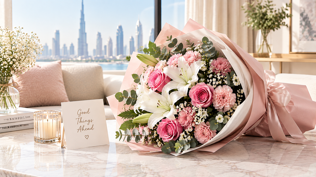 Pink and white flower bouquet with roses and lilies in Dubai