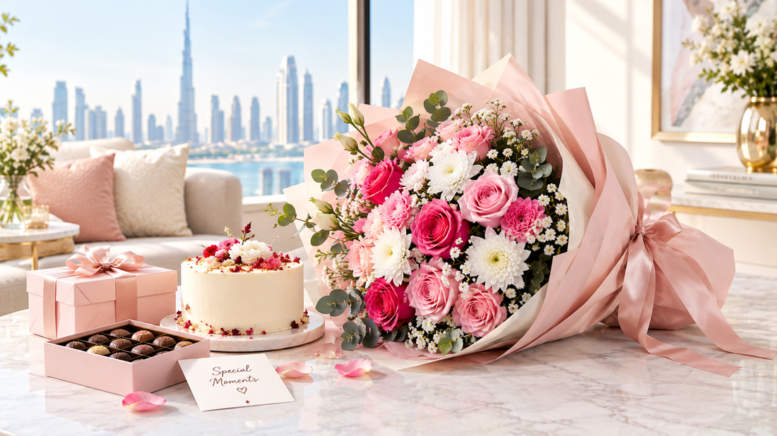 Fresh flower bouquet with cake and chocolates for a special occasion in Dubai