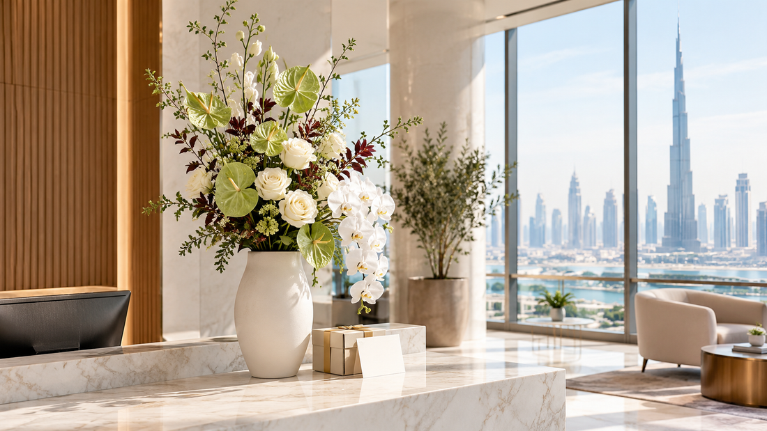 Elegant white orchid and rose flower arrangement on a modern office reception desk in Dubai