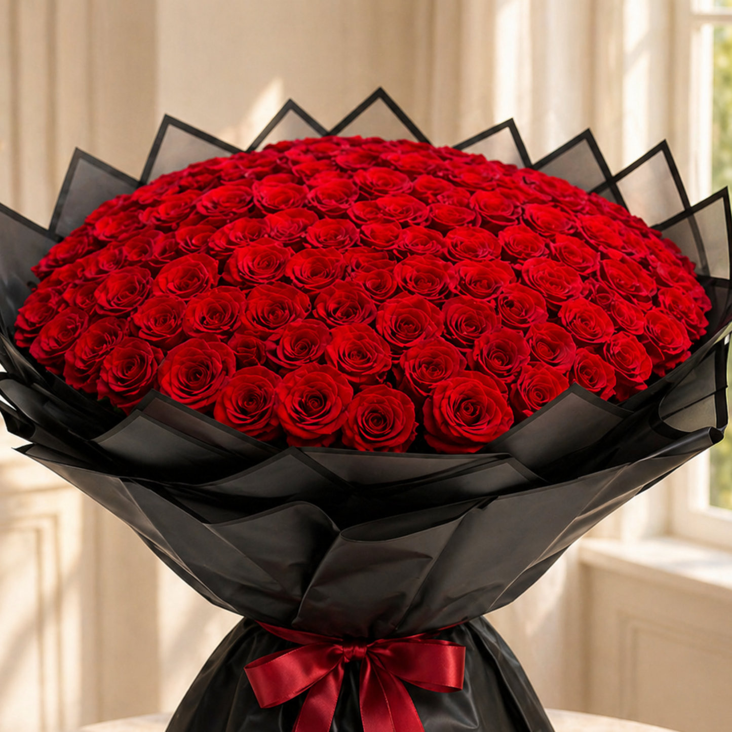Bouquet of red roses wrapped in black paper with a red ribbon, set against a neutral background.