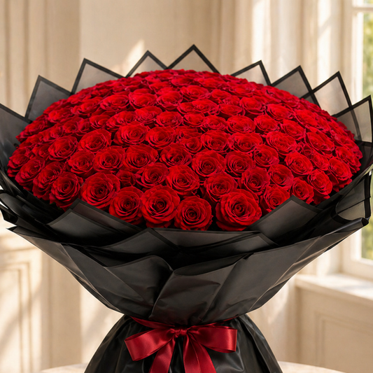 Bouquet of red roses wrapped in black paper with a red ribbon, set against a neutral background.