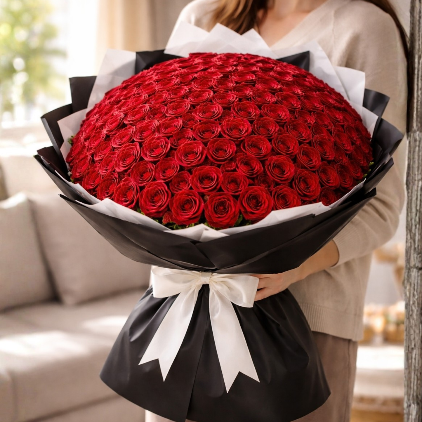 100 red rose bouquet arranged beautifully for romantic gifting and special occasions same day delivery dubai 