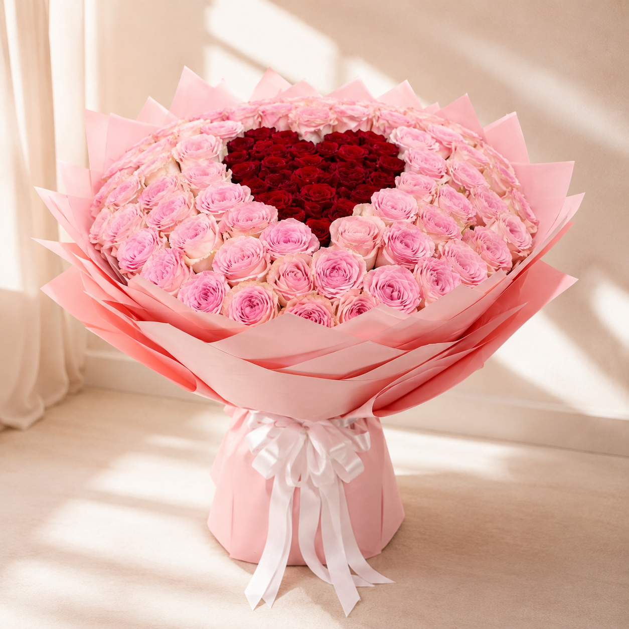 A large heart-shaped rose bouquet wrapped in pink paper, featuring rows of light pink roses surrounding a central cluster of deep red roses, tied with a white ribbon in a soft pink box.
