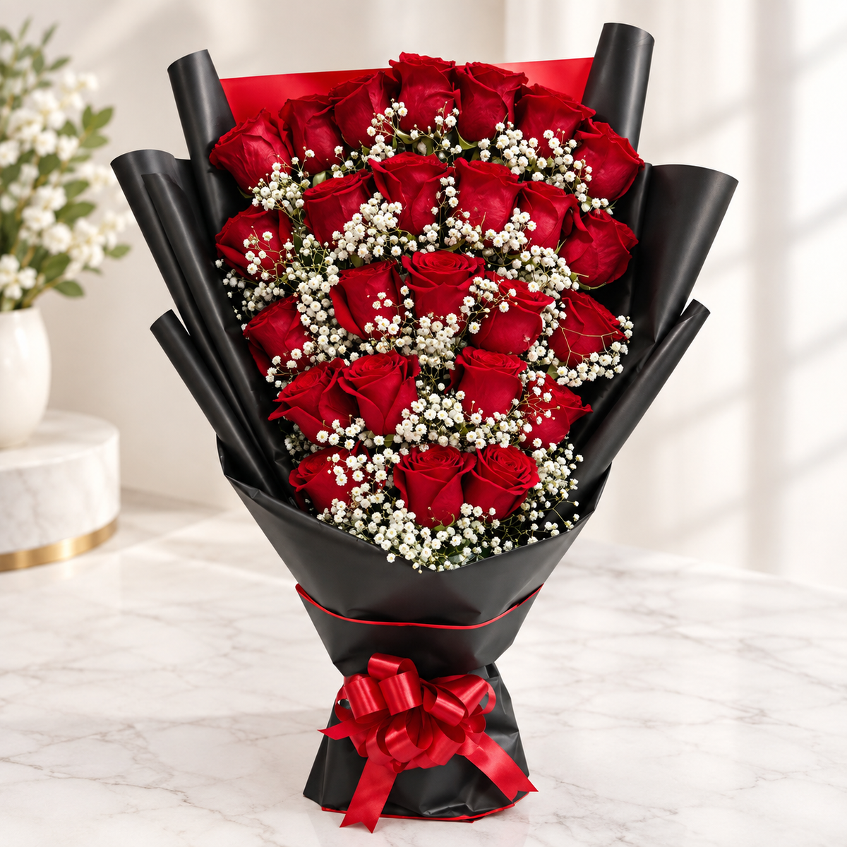 25 red roses bouquet with baby’s breath, delivery UAE, JVC, Jumeirah, Deira, Al rigga, fast delivery