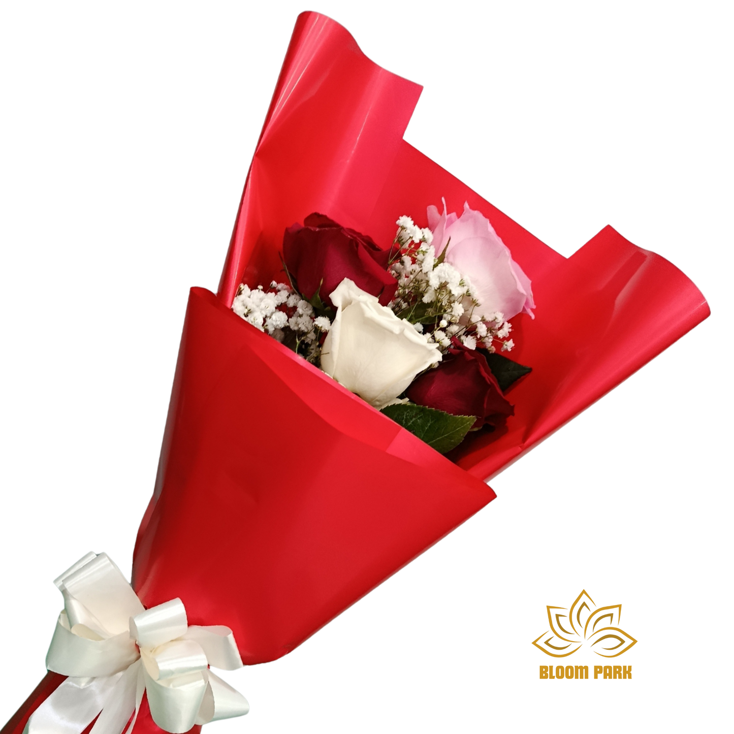 Bouquet of flowers wrapped in red paper with a white bow.