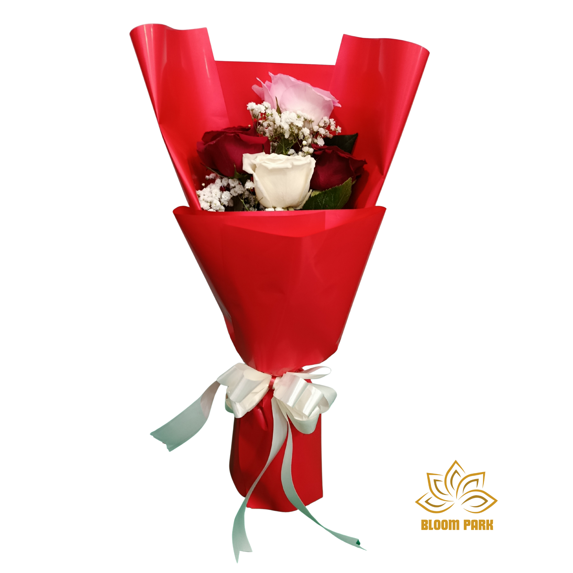 Bouquet of flowers wrapped in red paper with a white ribbon.
