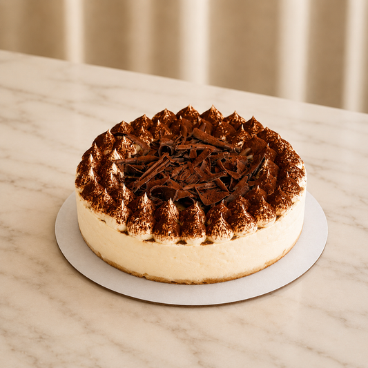 A round chocolate cake with piped meringue-like frosting peaks and chocolate shavings on top. 