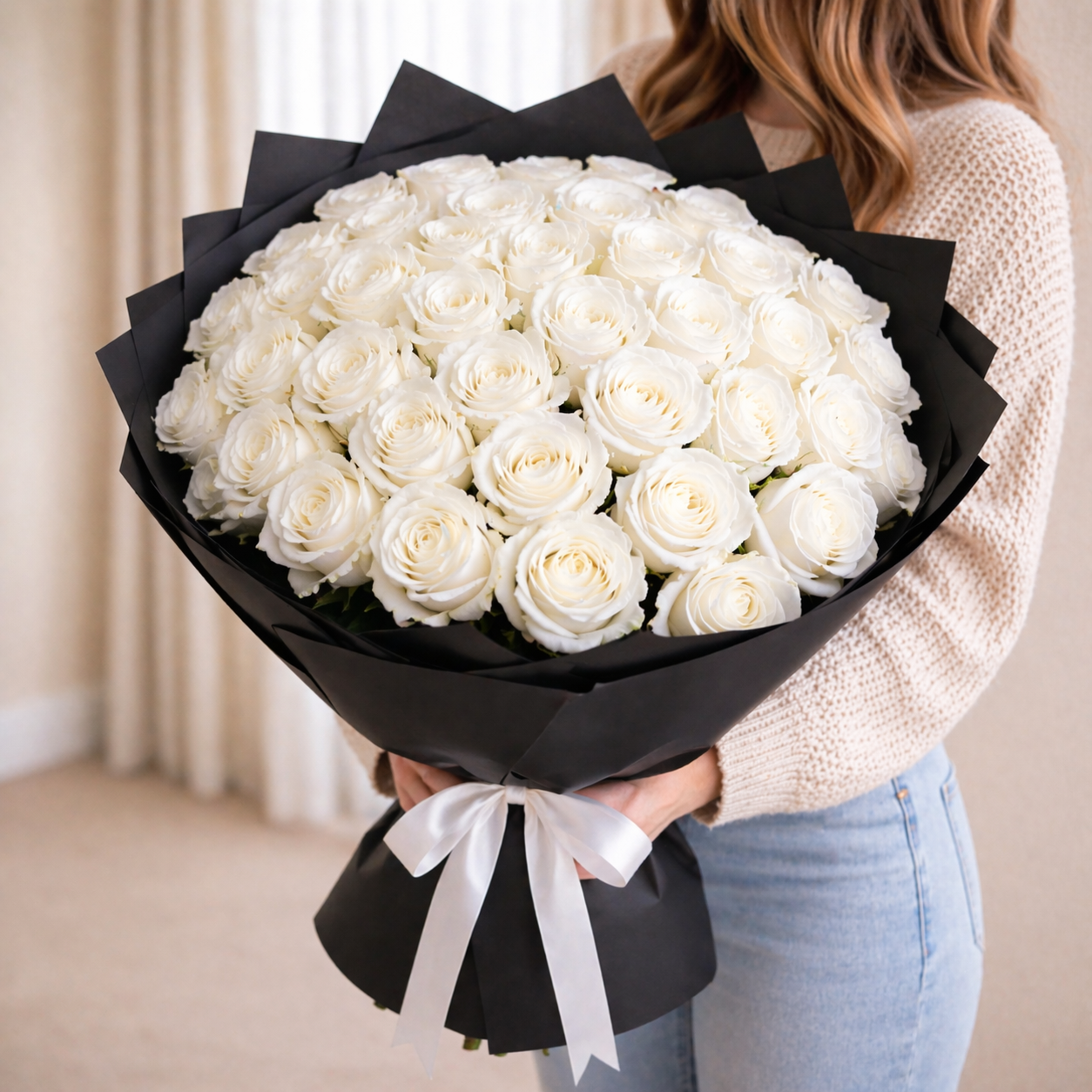 white roses bouquet delivery in Dubai with premium wrapping
