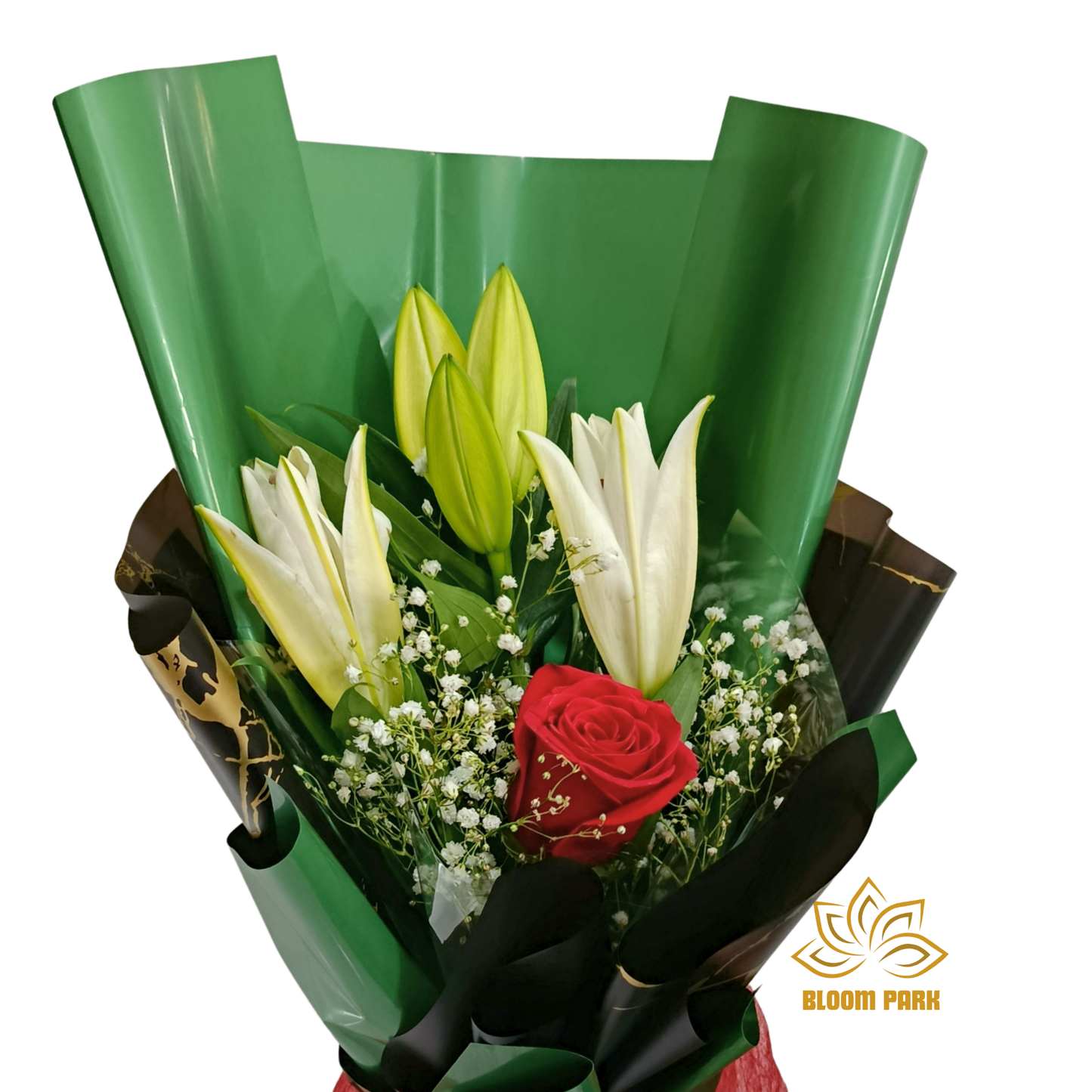Elegant White Lily & Single Red Rose Bouquet