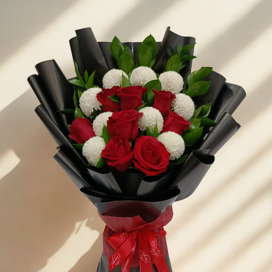 Elegant Red Rose & White Pingpong Hand Bouquet