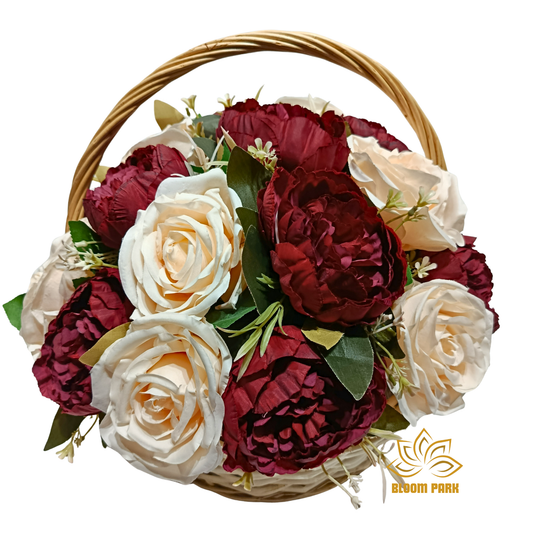 Burgundy & Ivory Peony Rose Basket