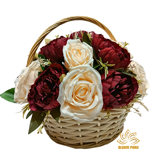Burgundy & Ivory Peony Rose Basket