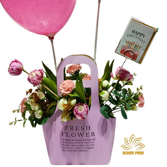 Pink Balloon & Birthday Basket Artificial Flower Arrangement