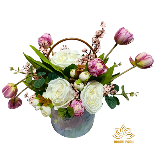 Elegant Faux Tulip & Rose Pastel Basket