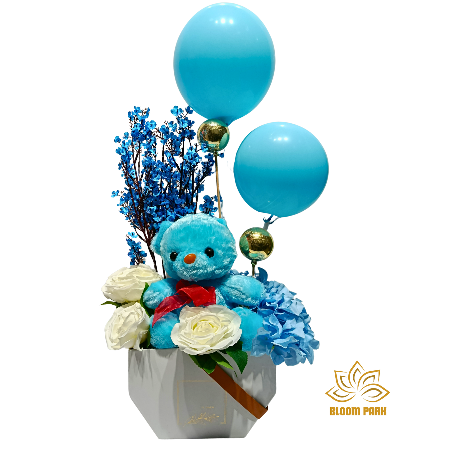 Blue Teddy with Balloons & Fresh Floral Basket