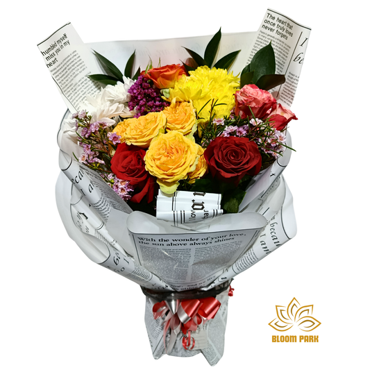 Rainbow Rose & Chrysanthemum Newspaper Bouquet
