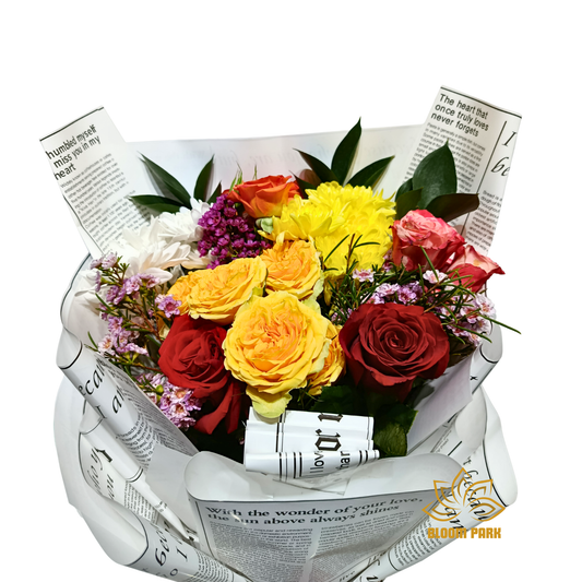 Rainbow Rose & Chrysanthemum Newspaper Bouquet