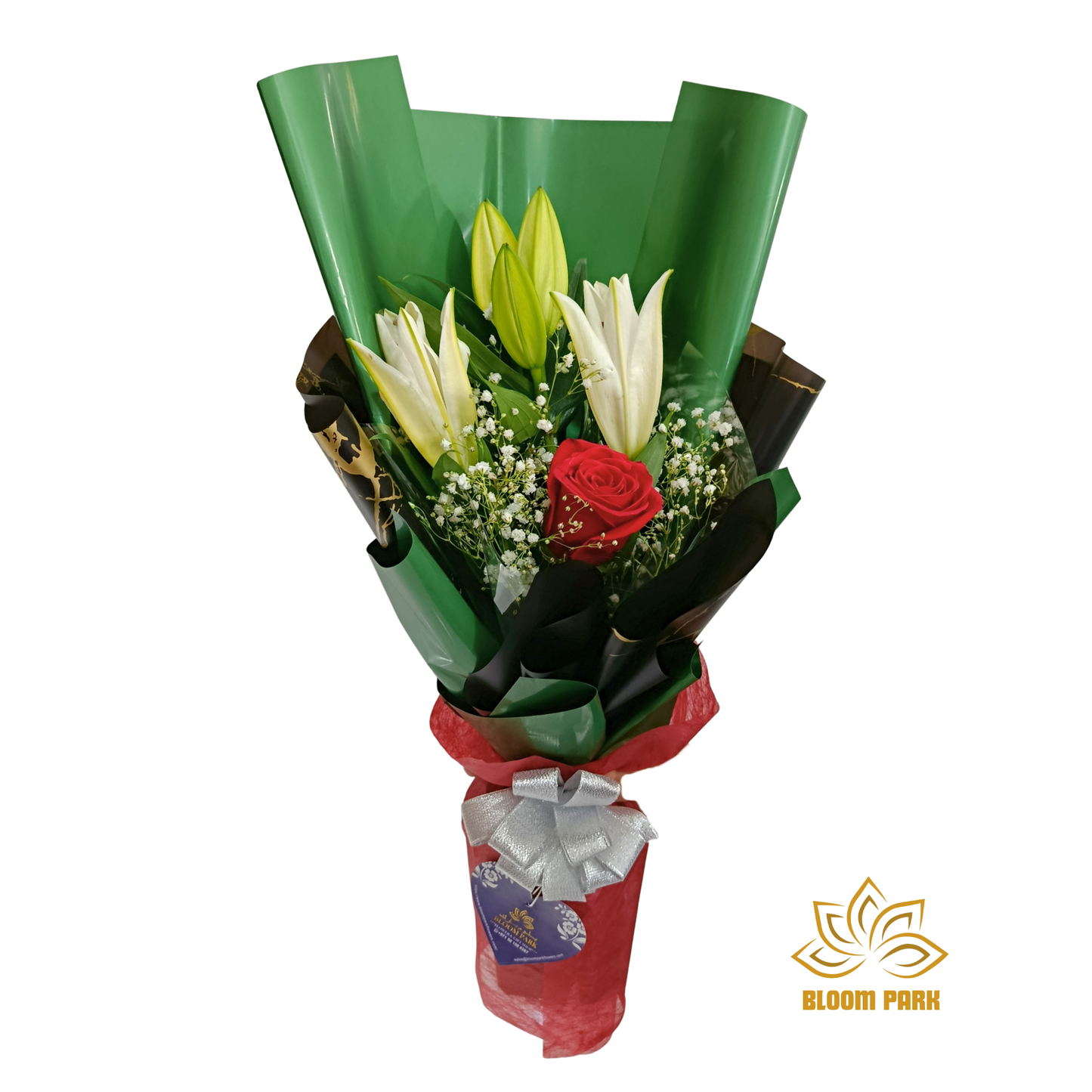 Elegant White Lily & Single Red Rose Bouquet