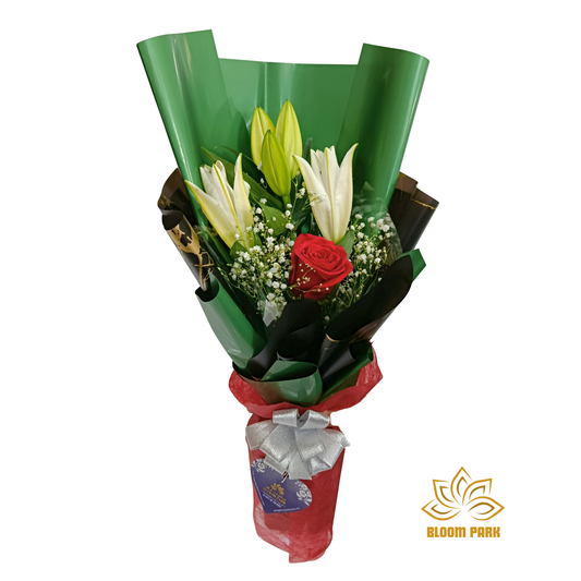 Elegant White Lily & Single Red Rose Bouquet