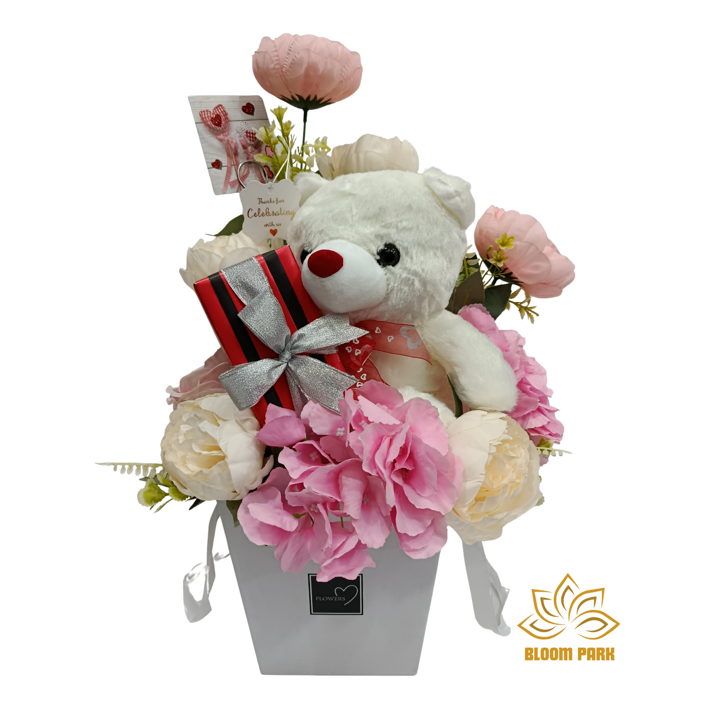 Teddy & Surprise Gift Box Artificial Flower Arrangement