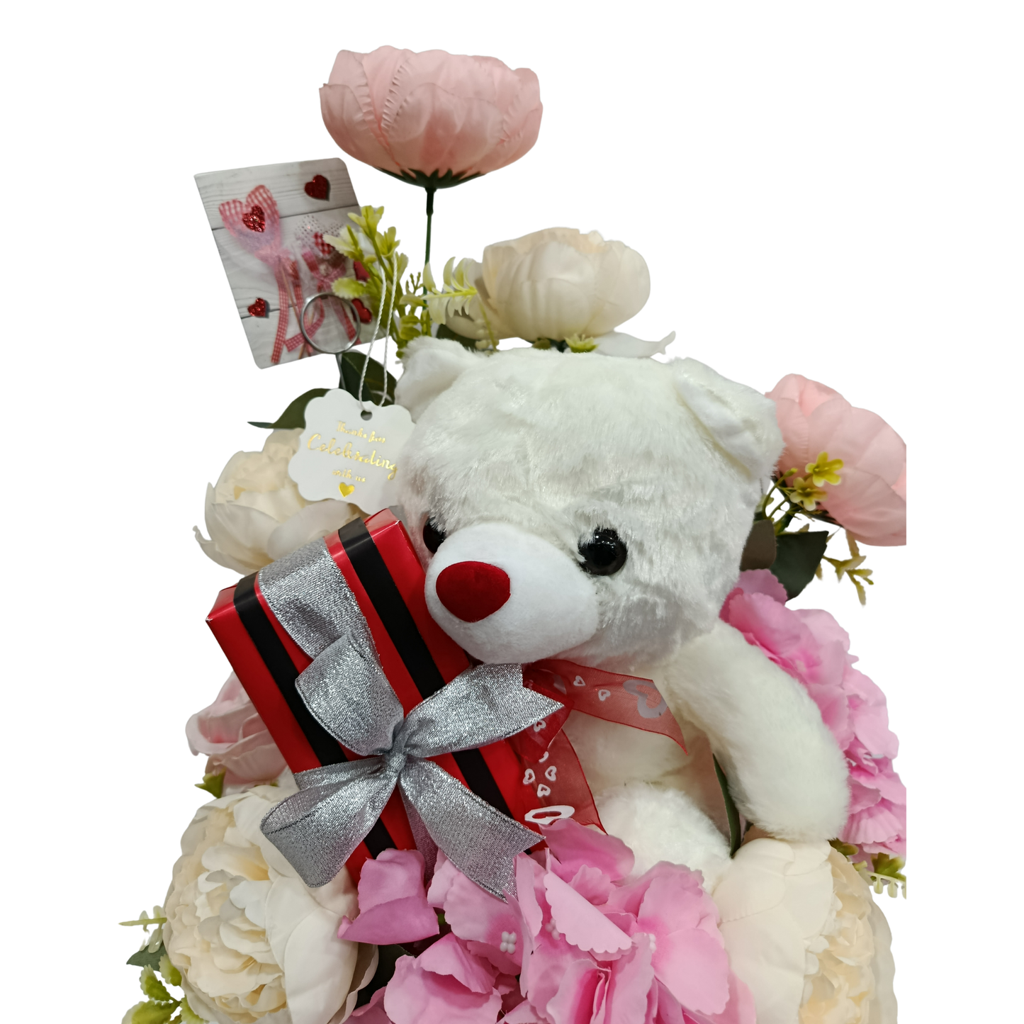 Teddy & Surprise Gift Box Artificial Flower Arrangement