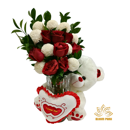 Romantic Red Rose Vase & Teddy Combo