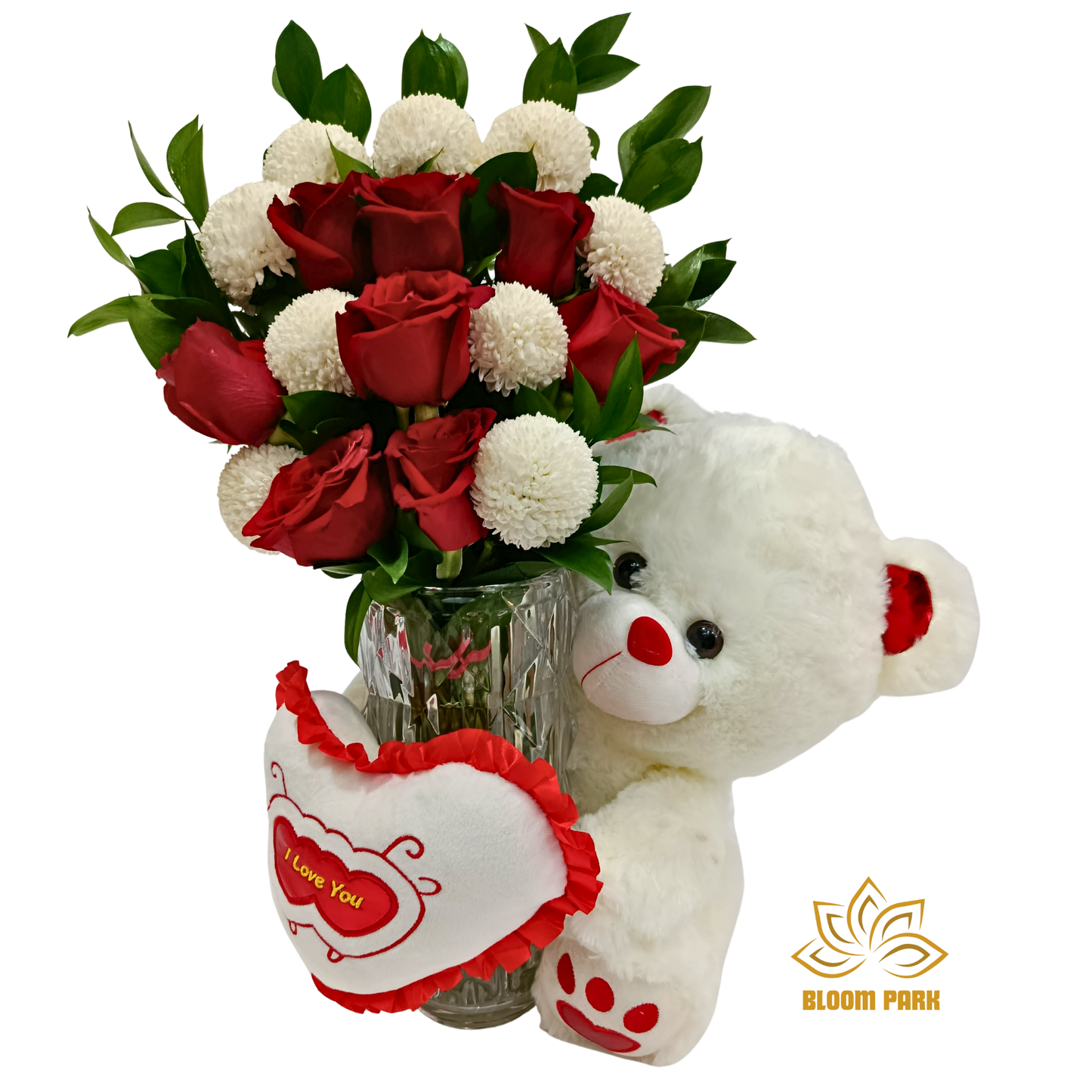 Romantic Red Rose Vase & Teddy Combo