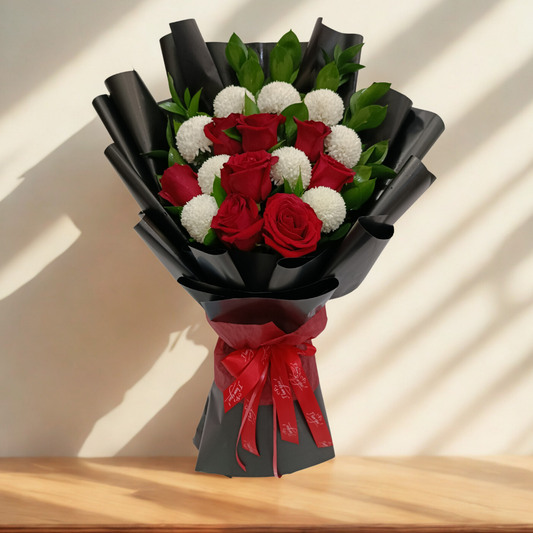 Elegant Red Rose & White Pingpong Hand Bouquet