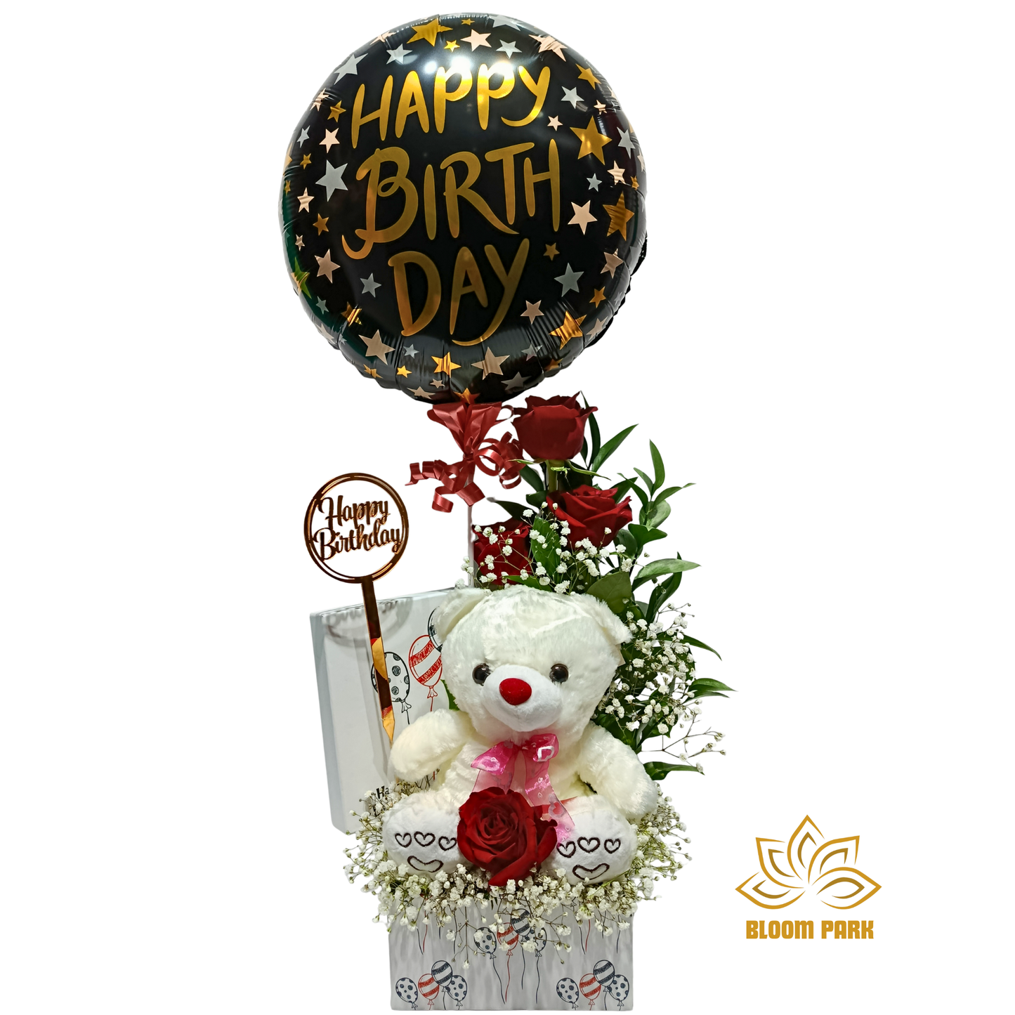 Happy Birthday Teddy & Roses Box Arrangement