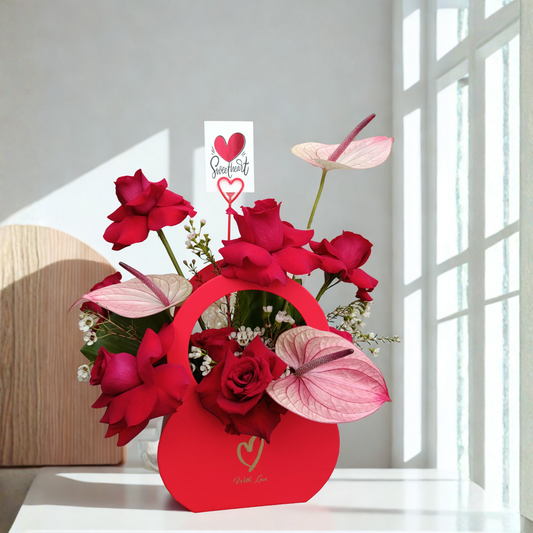 Red Rose & Pink Anthurium Flower Bag Arrangement