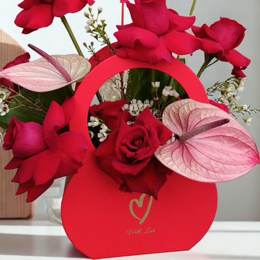 Red Rose & Pink Anthurium Flower Bag Arrangement