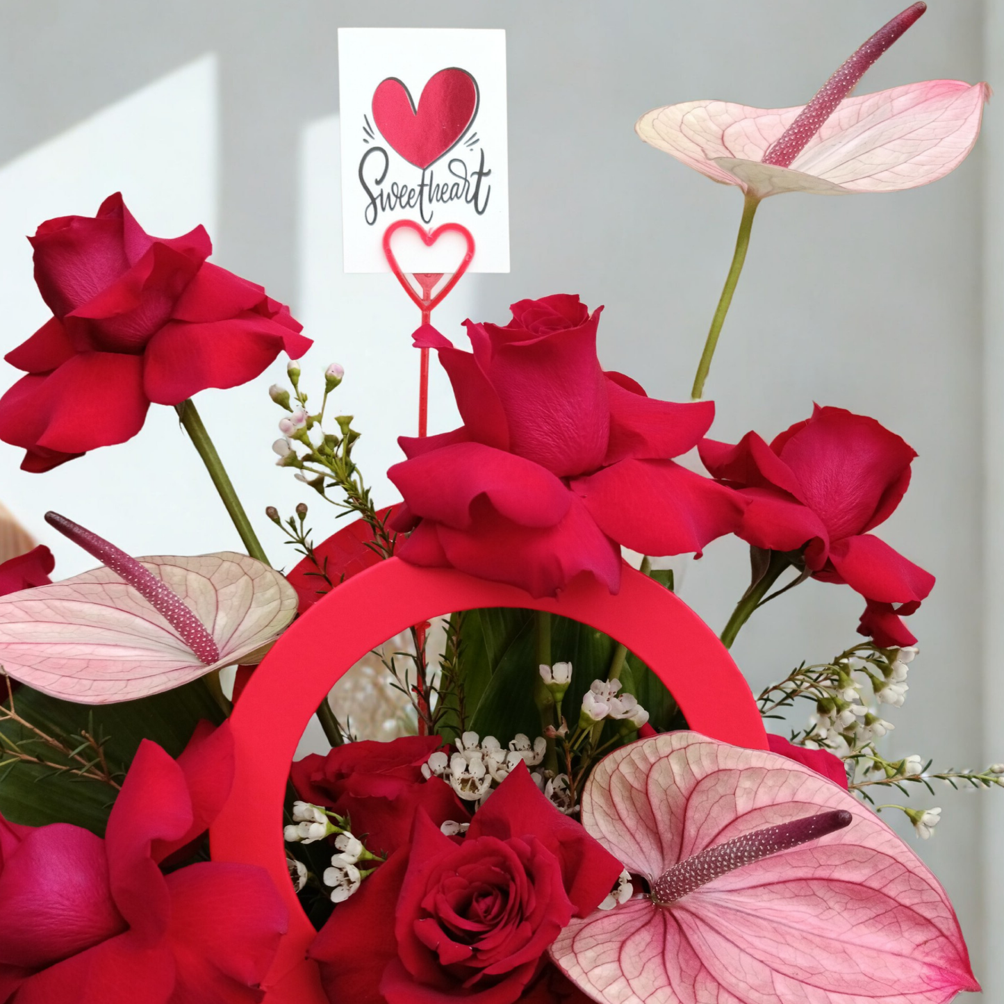Red Rose & Pink Anthurium Flower Bag Arrangement