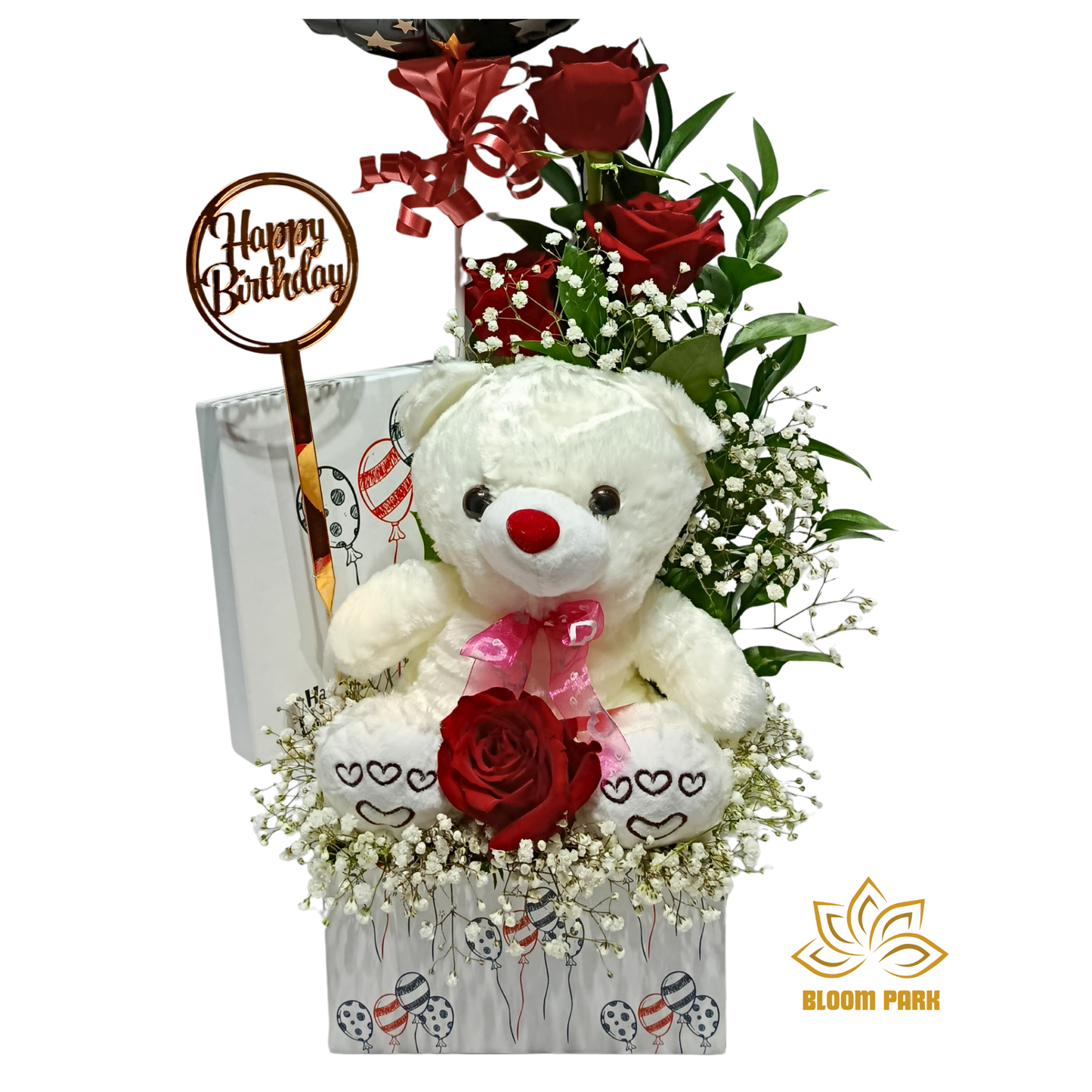 Happy Birthday Teddy & Roses Box Arrangement