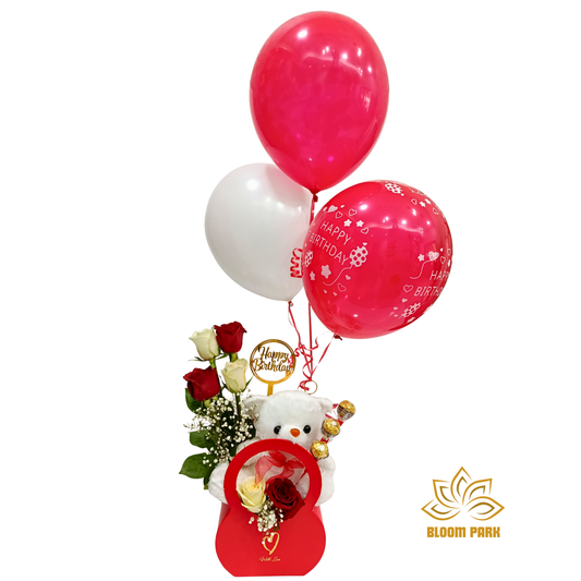 Birthday Teddy & Trio Balloon Floral Gift