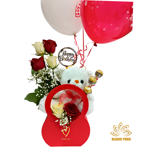 Birthday Teddy & Trio Balloon Floral Gift