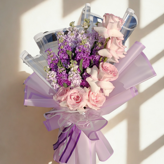 Elegant Pink Roses & Purple Stock Flower Bouquet