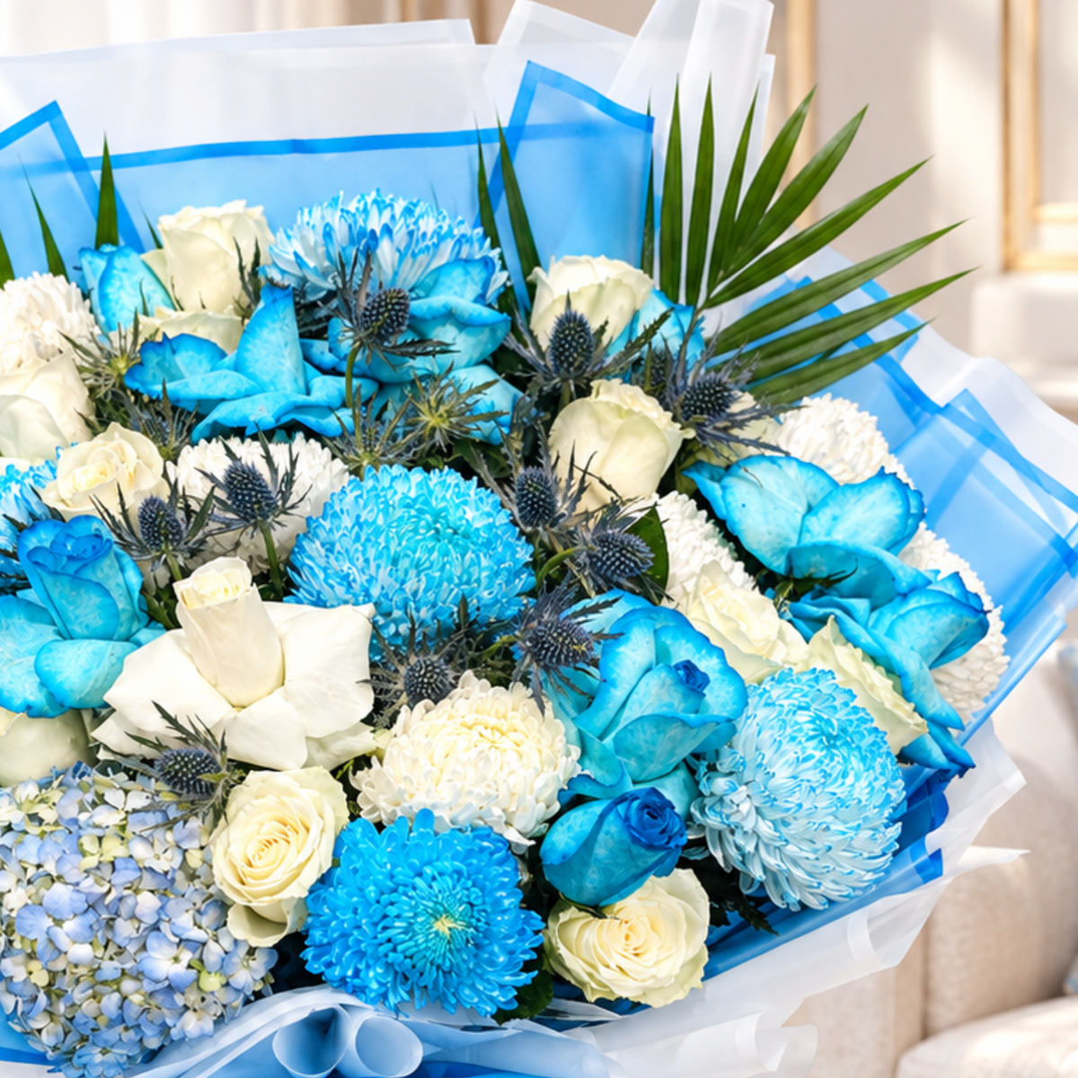 Blue and white mixed flower bouquet with roses, chrysanthemums, hydrangeas, and blue wrapping, delivery Dubai