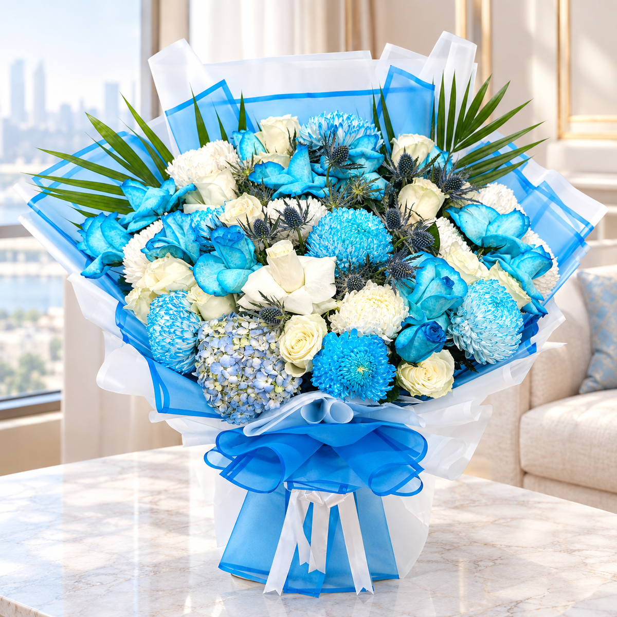 Blue and white mixed flower bouquet with roses, chrysanthemums, hydrangeas, and blue wrapping, delivery Dubai