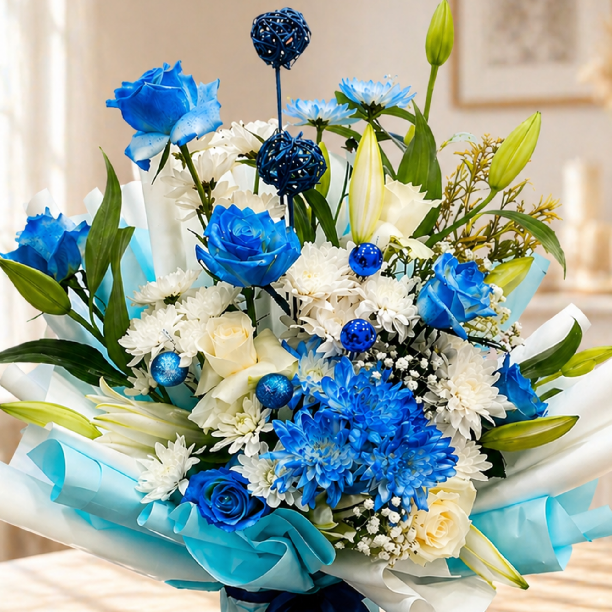 Blue and white luxury rose bouquet with cream accents same day delivery Dubai