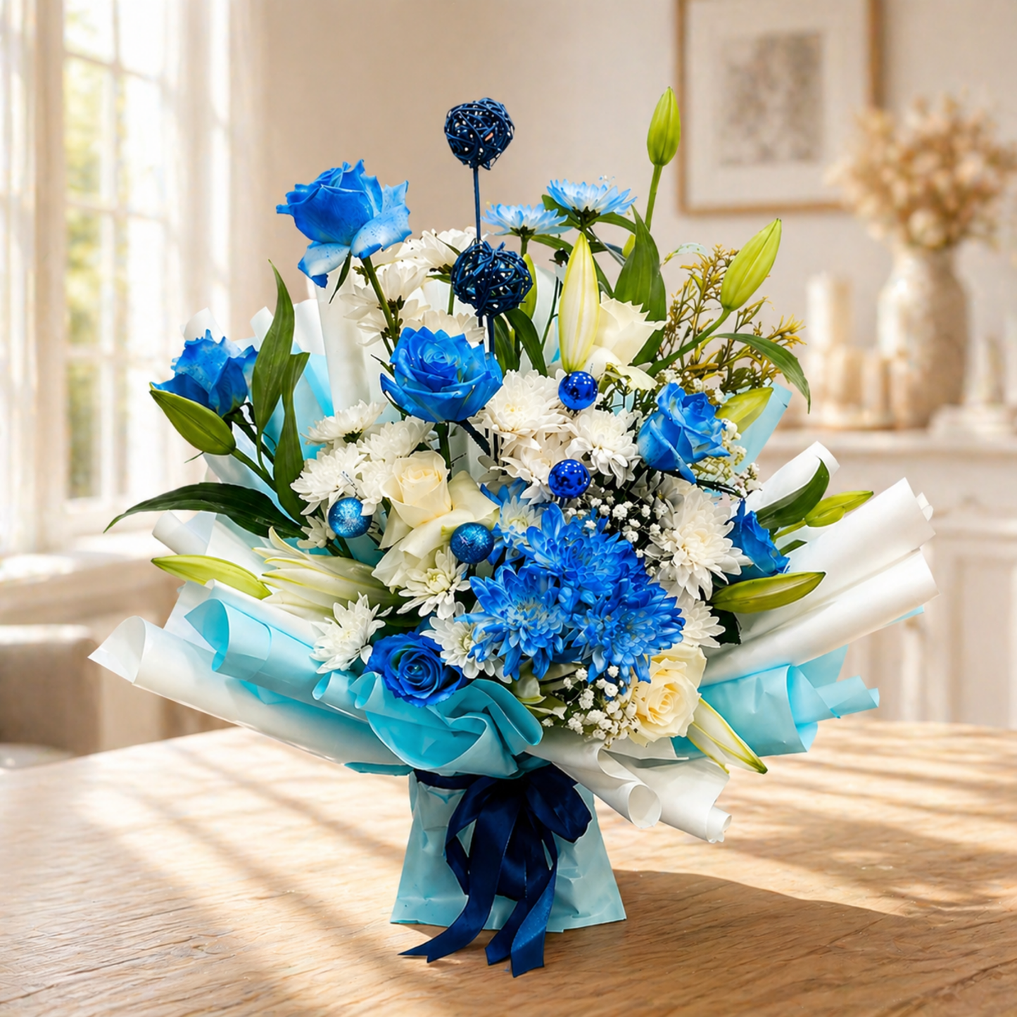 Blue and white luxury rose bouquet with cream accents deliver Dubai 