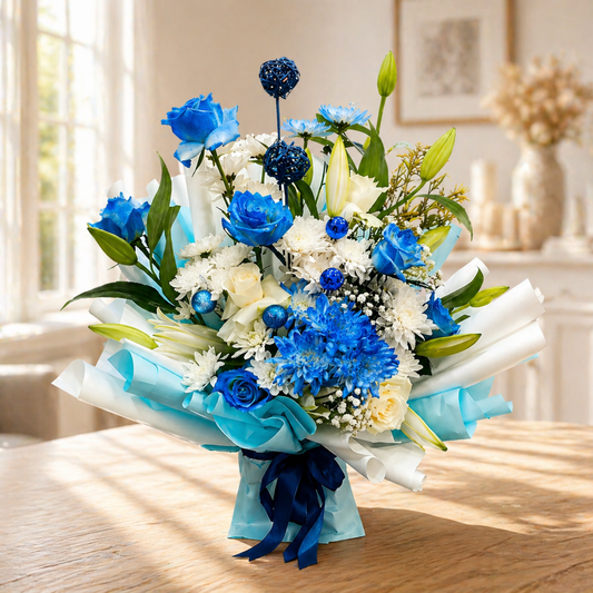 Blue and white luxury rose bouquet with cream accents deliver Dubai 
