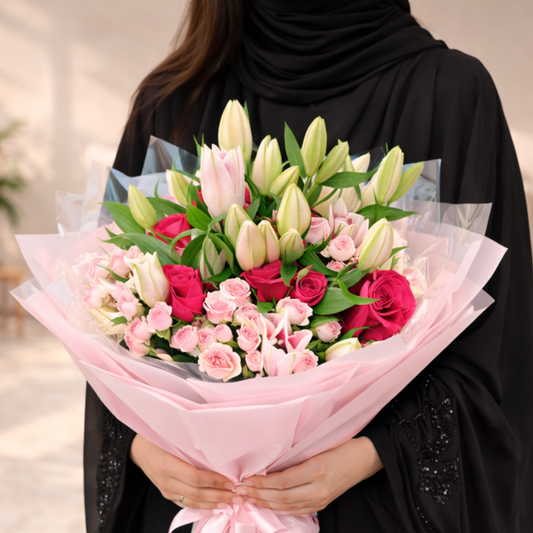 bouquet of flowers wrapped in pink fresh flower delivery Dubai
