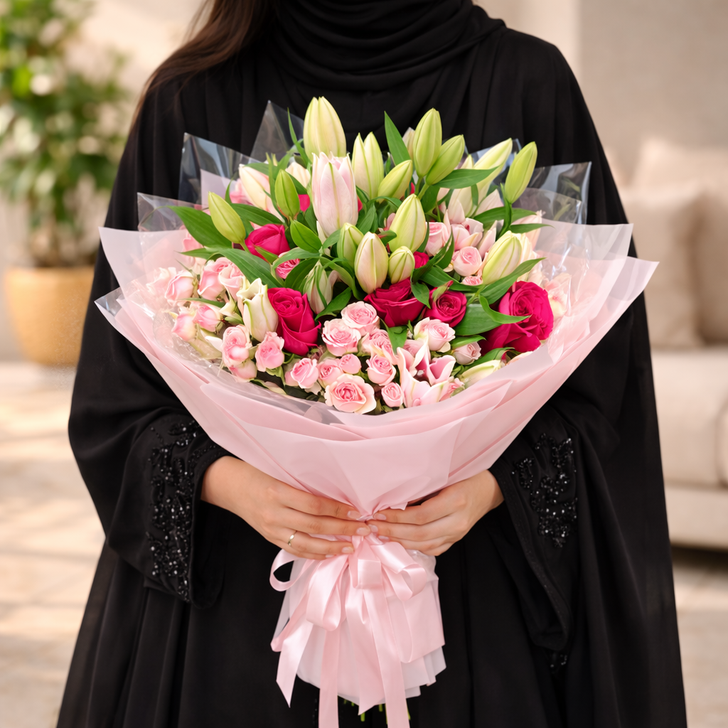 pink lilies and rose bouquet, fresh flowers delivery Dubai, flowers online 