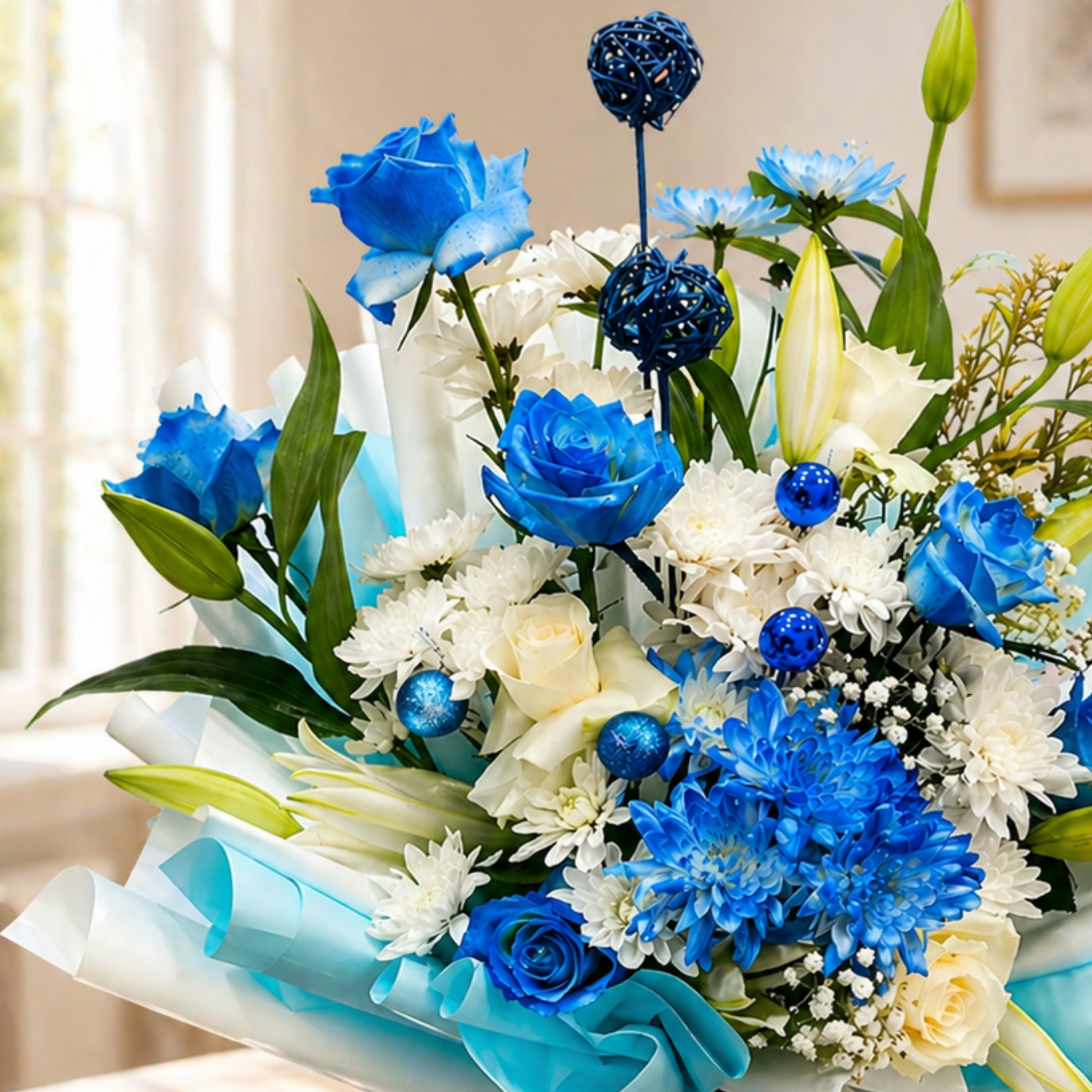 Bouquet of blue and white flowers with decorative elements on a light background