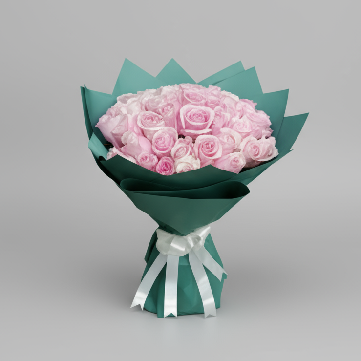 Bouquet of pink roses wrapped in green paper, flower bokeh