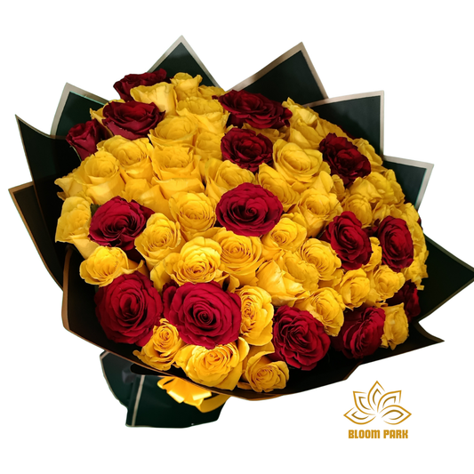 Bouquet of yellow and red roses in a black wrap delivery all over UAE